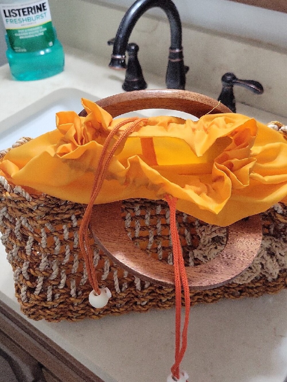 Handmade Woven Straw Tote Bag with Wooden Handles - Mustard Yellow - Picture 2 of 5